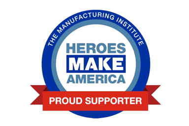 Logo for "Heroes Make America" program by The Manufacturing Institute, featuring "Proud Supporter" banner
